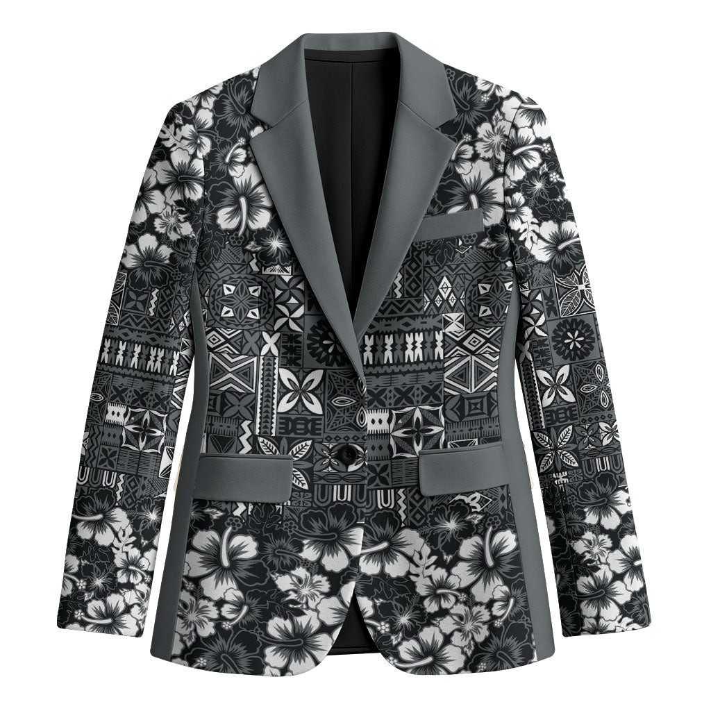 Black Hawaiian Tapa Tribal Hibiscus Blazer