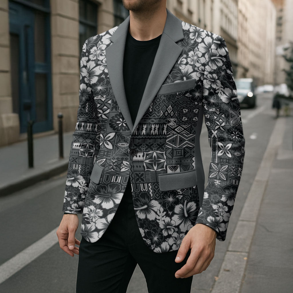 Black Hawaiian Tapa Tribal Hibiscus Blazer