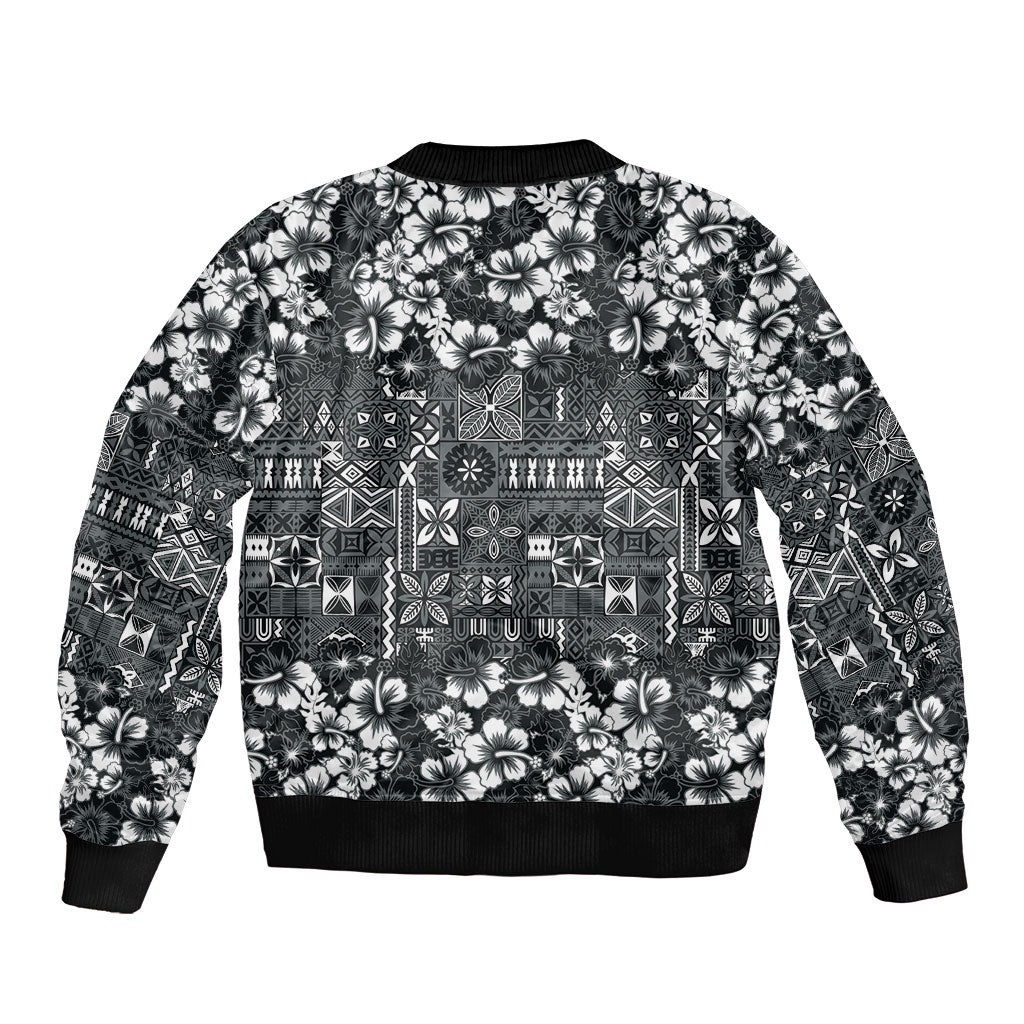Black Hawaiian Tapa Tribal Hibiscus Bomber Jacket