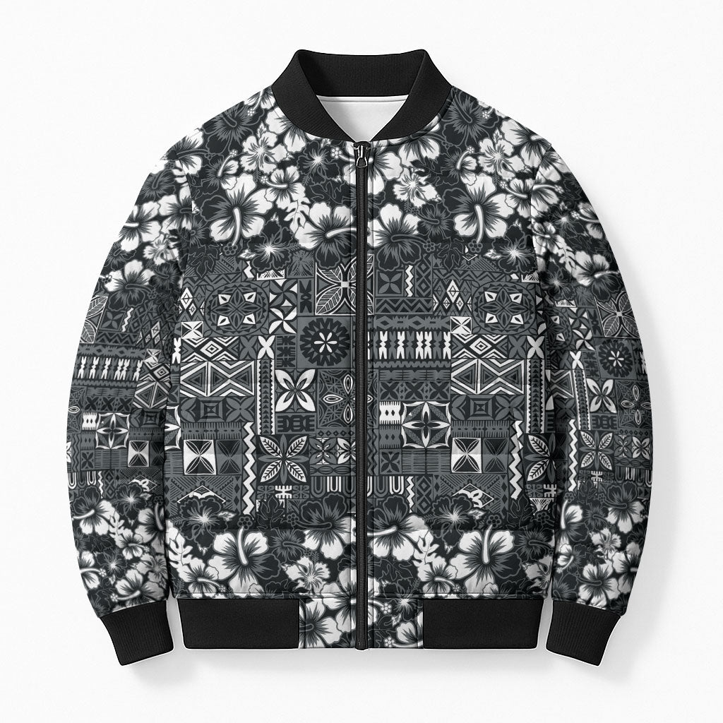 Black Hawaiian Tapa Tribal Hibiscus Bomber Puffer Jacket