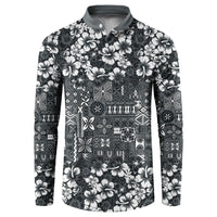 Black Hawaiian Tapa Tribal Hibiscus Button Sweatshirt
