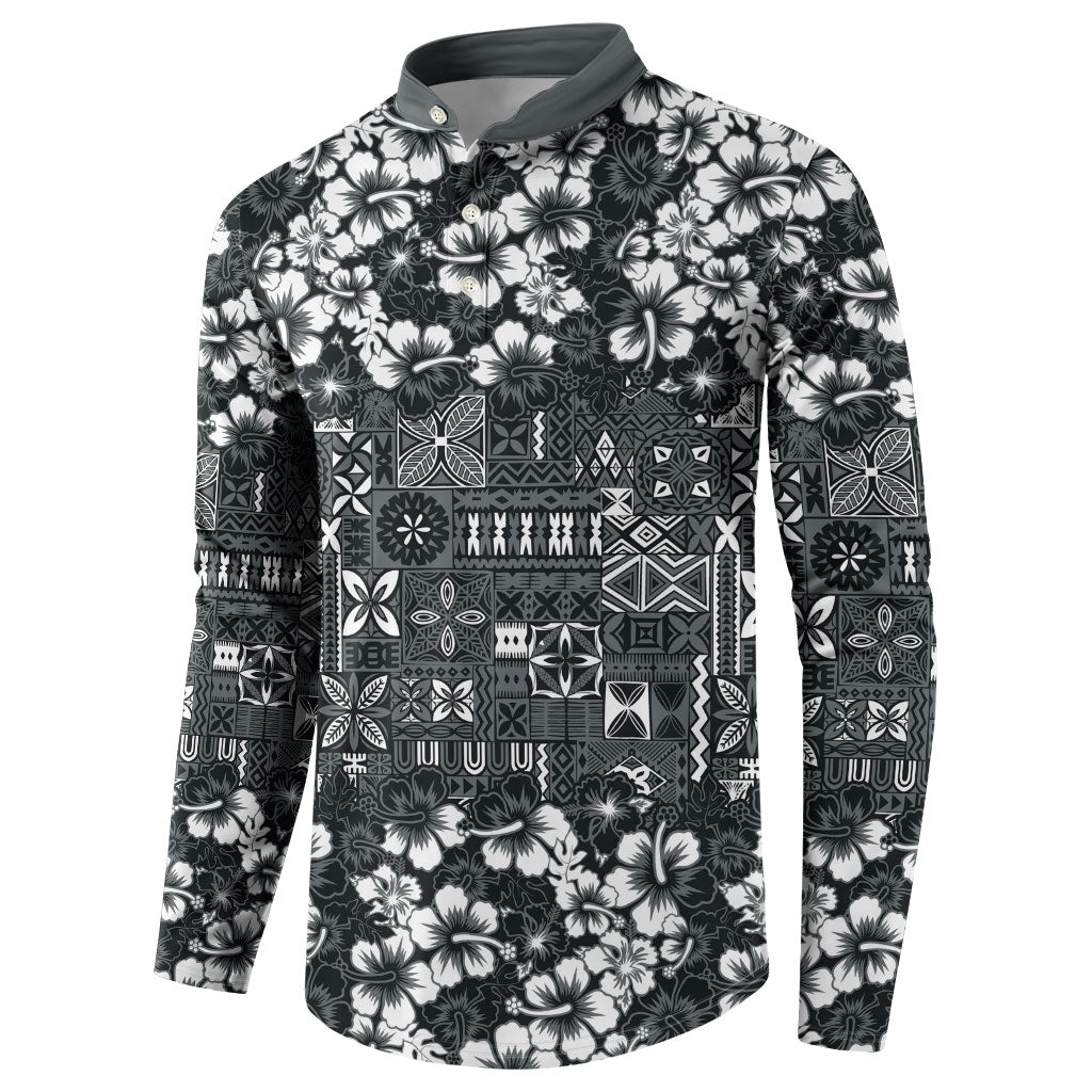 Black Hawaiian Tapa Tribal Hibiscus Button Sweatshirt