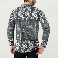 Black Hawaiian Tapa Tribal Hibiscus Button Sweatshirt