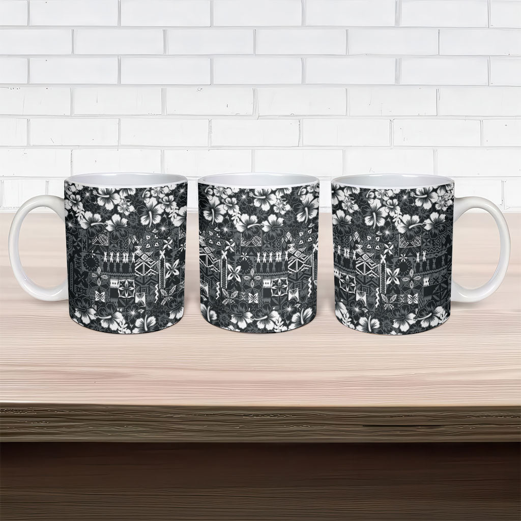 Black Hawaiian Tapa Tribal Hibiscus Ceramic Mug