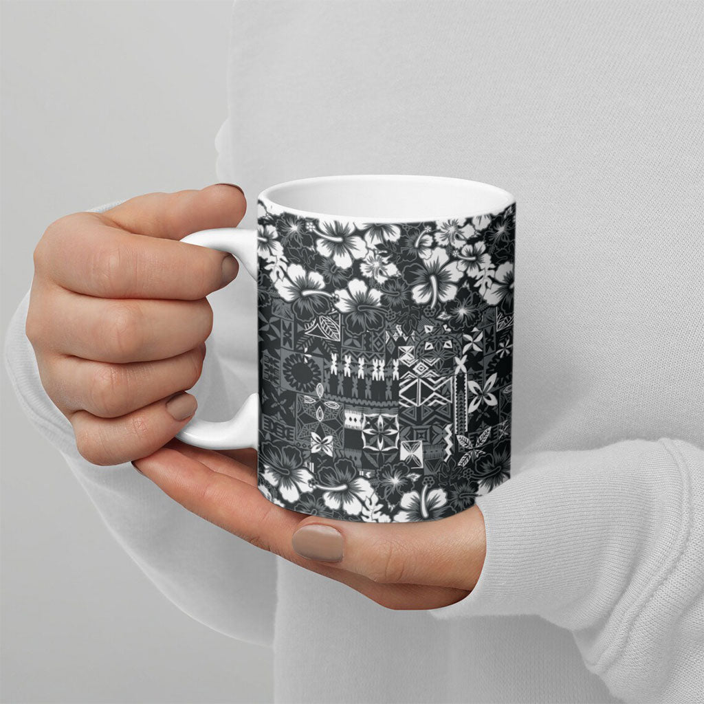 Black Hawaiian Tapa Tribal Hibiscus Ceramic Mug