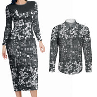 Black Hawaiian Tapa Tribal Hibiscus Couples Matching Long Sleeve Bodycon Dress and Long Sleeve Button Shirt