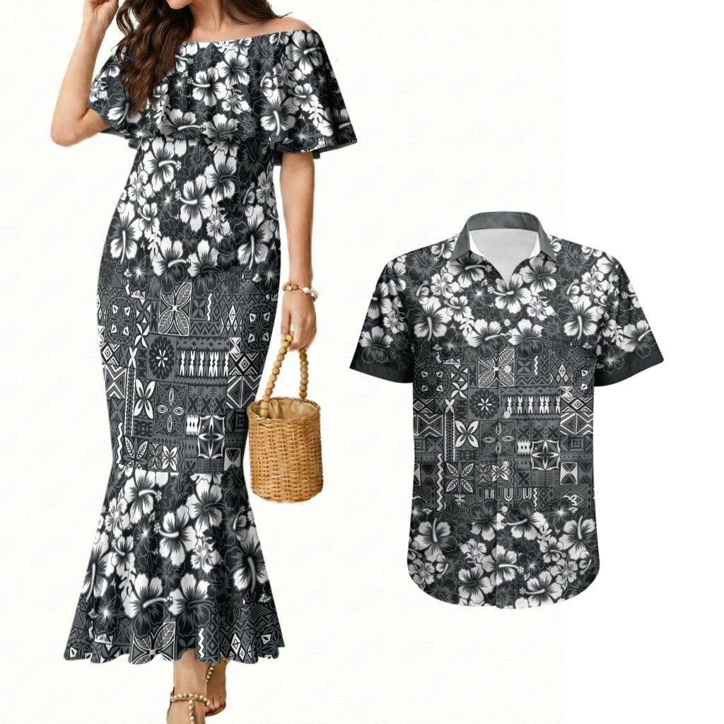 Black Hawaiian Tapa Tribal Hibiscus Couples Matching Mermaid Dress and Hawaiian Shirt