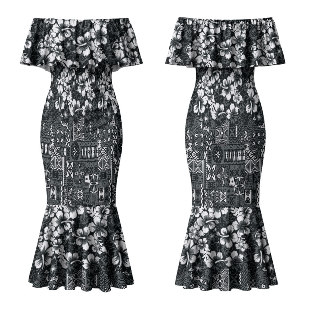 Black Hawaiian Tapa Tribal Hibiscus Couples Matching Mermaid Dress and Hawaiian Shirt
