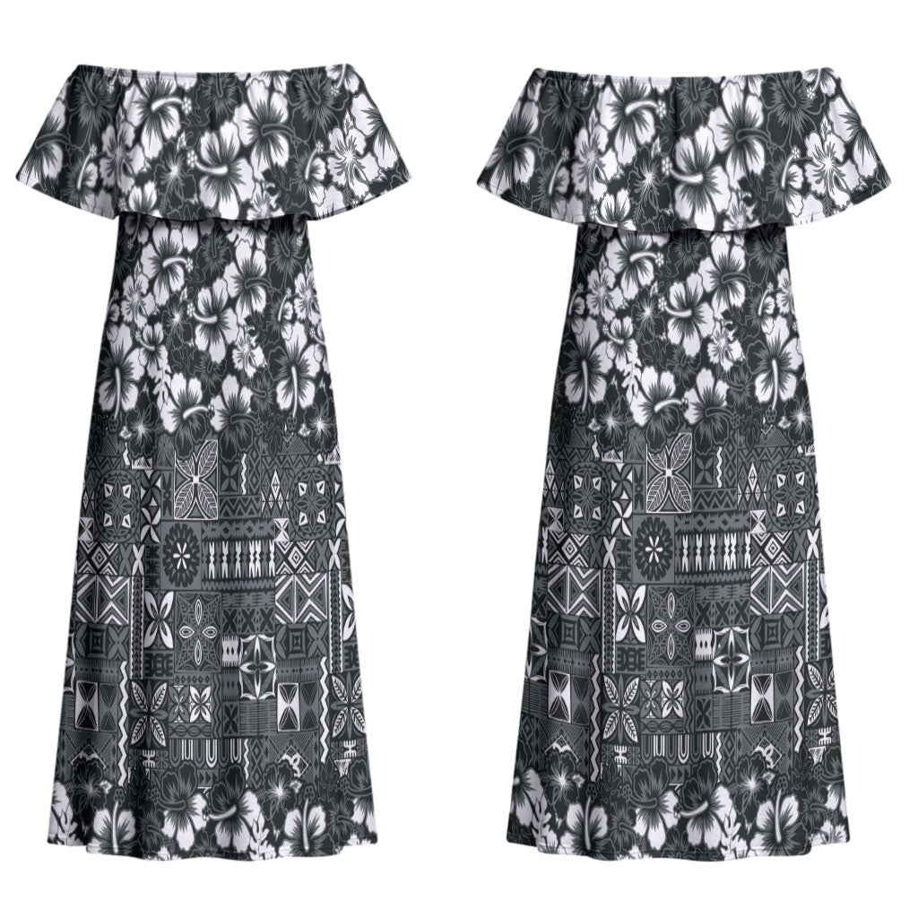 Black Hawaiian Tapa Tribal Hibiscus Couples Matching Off Shoulder Maxi Dress and Hawaiian Shirt