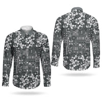 Black Hawaiian Tapa Tribal Hibiscus Couples Matching Off Shoulder Maxi Dress and Long Sleeve Button Shirt
