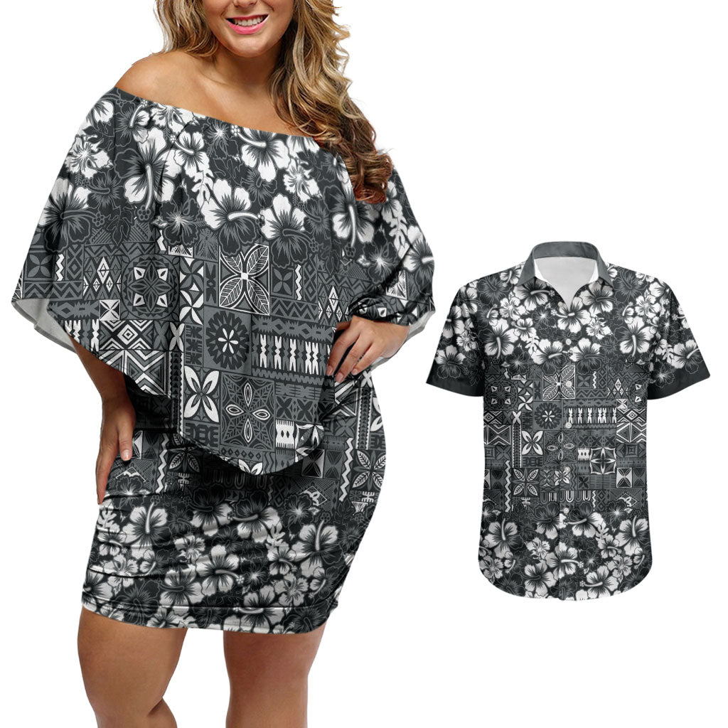 Black Hawaiian Tapa Tribal Hibiscus Couples Matching Off Shoulder Short Dress and Hawaiian Shirt