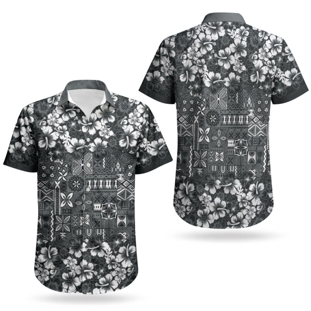 Black Hawaiian Tapa Tribal Hibiscus Couples Matching Off Shoulder Short Dress and Hawaiian Shirt