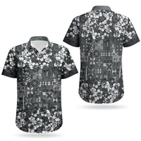 Black Hawaiian Tapa Tribal Hibiscus Couples Matching Off Shoulder Short Dress and Hawaiian Shirt