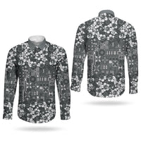 Black Hawaiian Tapa Tribal Hibiscus Couples Matching Off Shoulder Short Dress and Long Sleeve Button Shirt