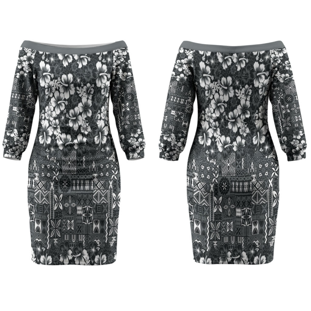 Black Hawaiian Tapa Tribal Hibiscus Couples Matching Off The Shoulder Long Sleeve Dress and Long Sleeve Button Shirt
