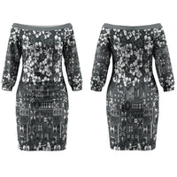 Black Hawaiian Tapa Tribal Hibiscus Couples Matching Off The Shoulder Long Sleeve Dress and Long Sleeve Button Shirt