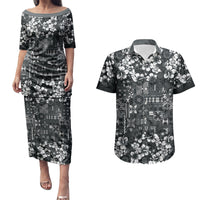 Black Hawaiian Tapa Tribal Hibiscus Couples Matching Puletasi and Hawaiian Shirt