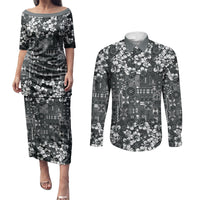 Black Hawaiian Tapa Tribal Hibiscus Couples Matching Puletasi and Long Sleeve Button Shirt