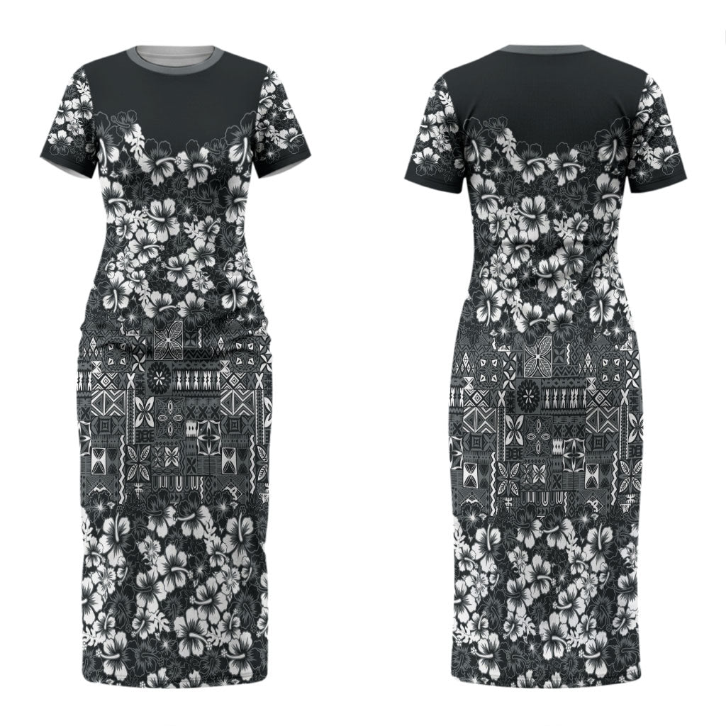 Black Hawaiian Tapa Tribal Hibiscus Couples Matching Short Sleeve Bodycon Dress and Hawaiian Shirt