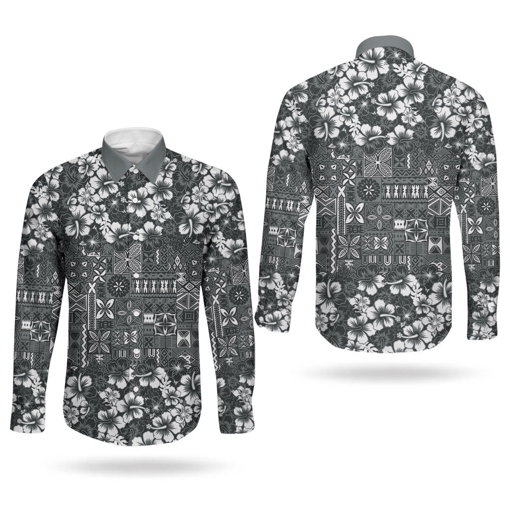 Black Hawaiian Tapa Tribal Hibiscus Couples Matching Summer Maxi Dress and Long Sleeve Button Shirt