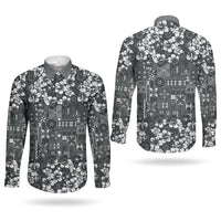 Black Hawaiian Tapa Tribal Hibiscus Couples Matching Summer Maxi Dress and Long Sleeve Button Shirt
