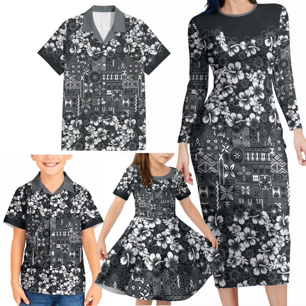 Black Hawaiian Tapa Tribal Hibiscus Family Matching Long Sleeve Bodycon Dress and Hawaiian Shirt LT9 - Polynesian Pride