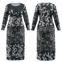 Black Hawaiian Tapa Tribal Hibiscus Family Matching Long Sleeve Bodycon Dress and Hawaiian Shirt