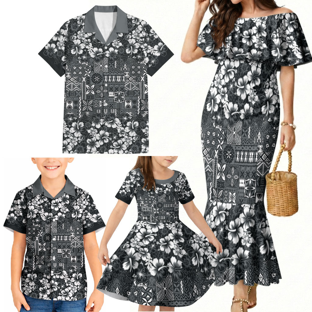 Black Hawaiian Tapa Tribal Hibiscus Family Matching Mermaid Dress and Hawaiian Shirt