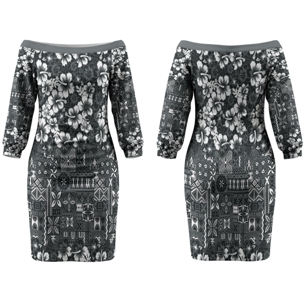 Black Hawaiian Tapa Tribal Hibiscus Family Matching Off The Shoulder Long Sleeve Dress and Hawaiian Shirt