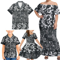 Black Hawaiian Tapa Tribal Hibiscus Family Matching Off Shoulder Maxi Dress and Hawaiian Shirt