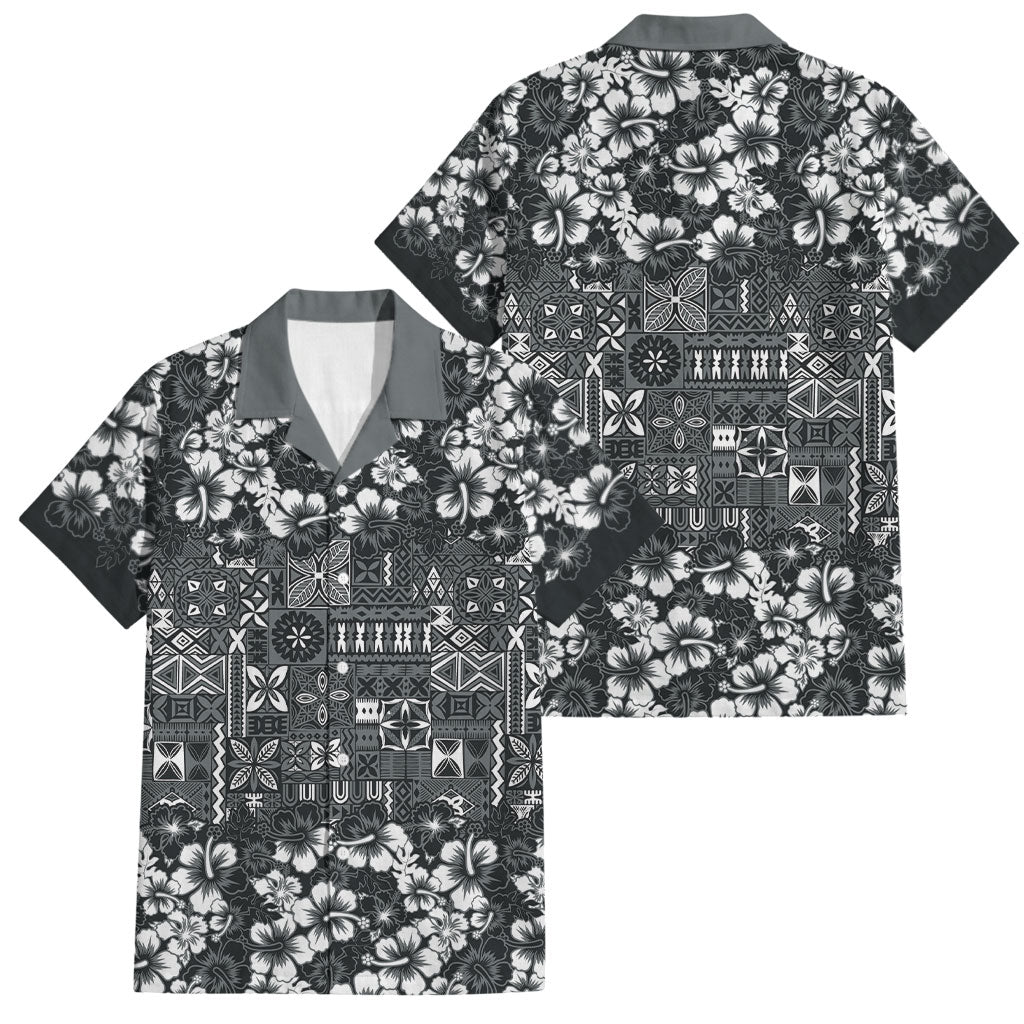 Black Hawaiian Tapa Tribal Hibiscus Family Matching Off Shoulder Maxi Dress and Hawaiian Shirt