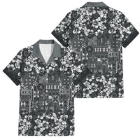 Black Hawaiian Tapa Tribal Hibiscus Family Matching Off Shoulder Short Dress and Hawaiian Shirt