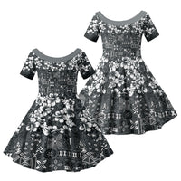 Black Hawaiian Tapa Tribal Hibiscus Family Matching Off Shoulder Short Dress and Hawaiian Shirt