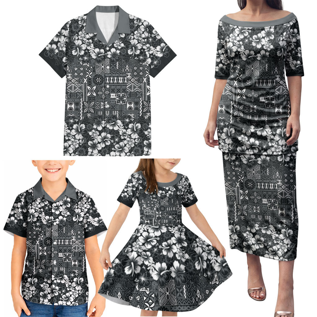 Black Hawaiian Tapa Tribal Hibiscus Family Matching Puletasi and Hawaiian Shirt
