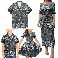 Black Hawaiian Tapa Tribal Hibiscus Family Matching Puletasi and Hawaiian Shirt