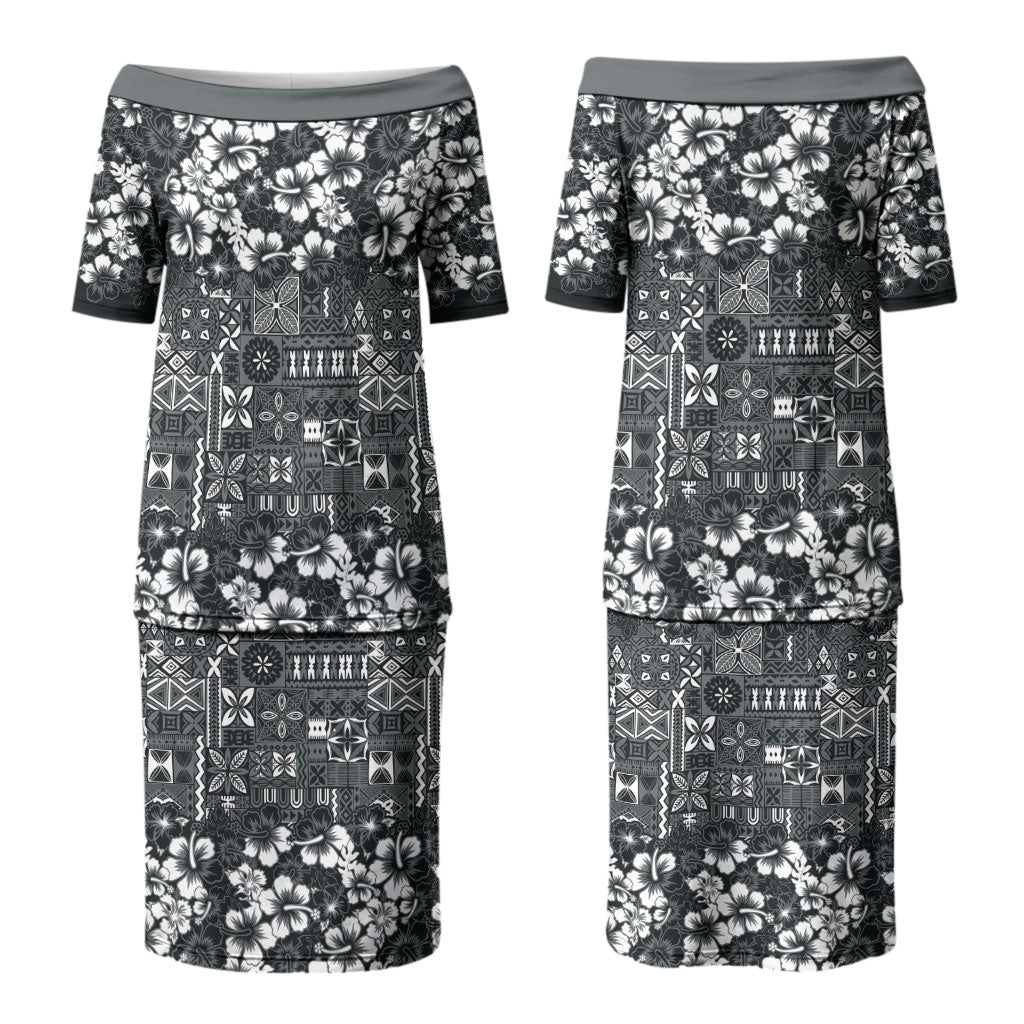 Black Hawaiian Tapa Tribal Hibiscus Family Matching Puletasi and Hawaiian Shirt