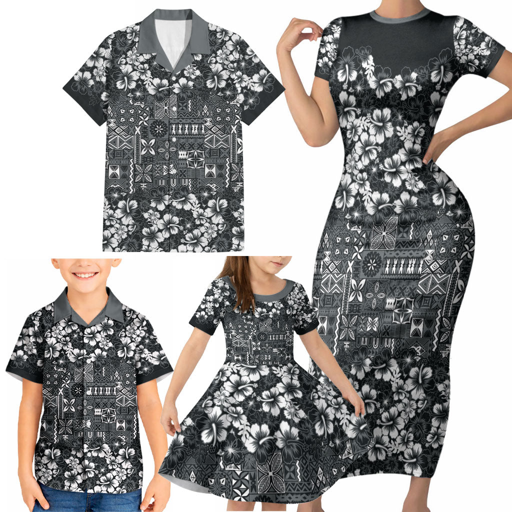 Black Hawaiian Tapa Tribal Hibiscus Family Matching Short Sleeve Bodycon Dress and Hawaiian Shirt