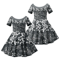 Black Hawaiian Tapa Tribal Hibiscus Family Matching Short Sleeve Bodycon Dress and Hawaiian Shirt