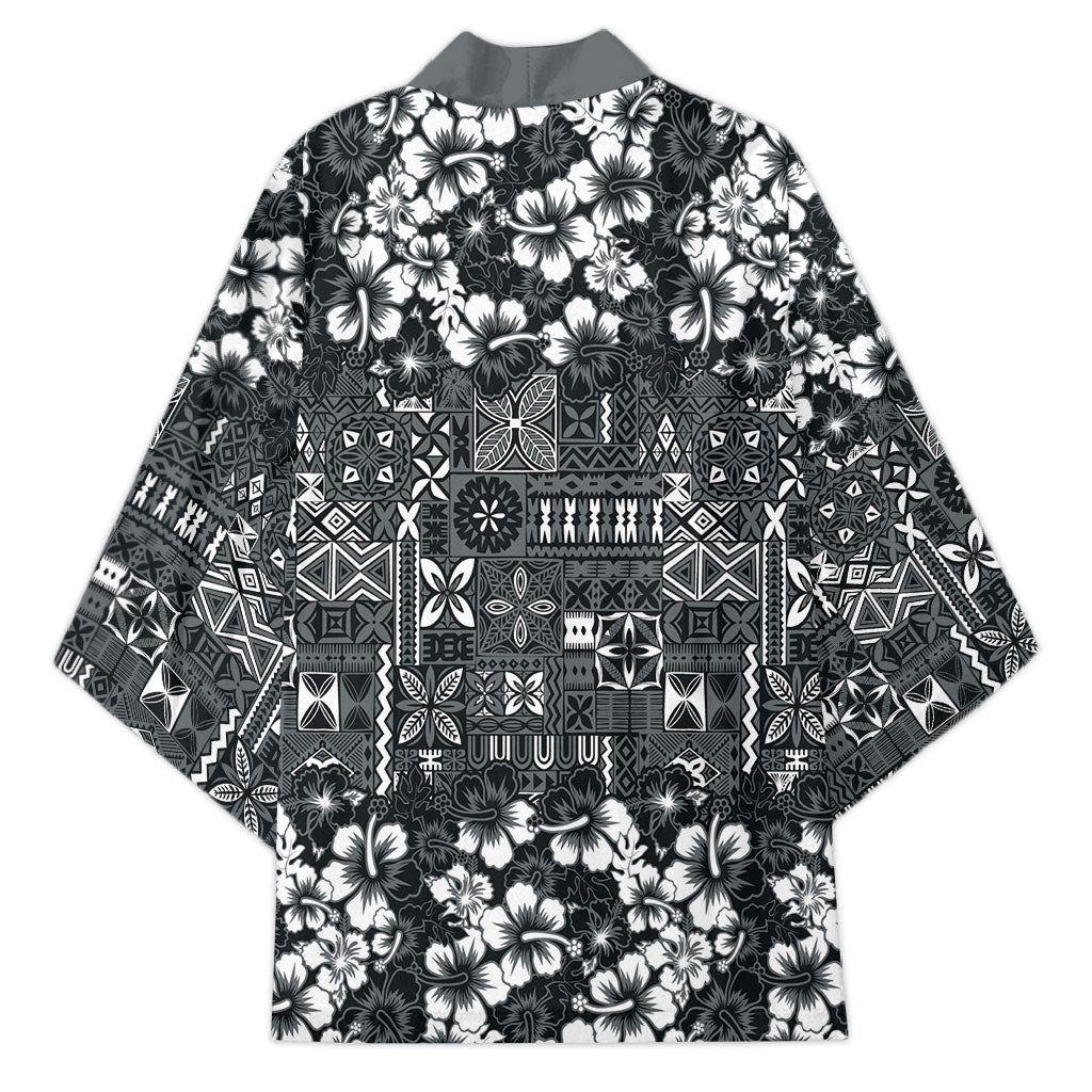 Black Hawaiian Tapa Tribal Hibiscus Kimono