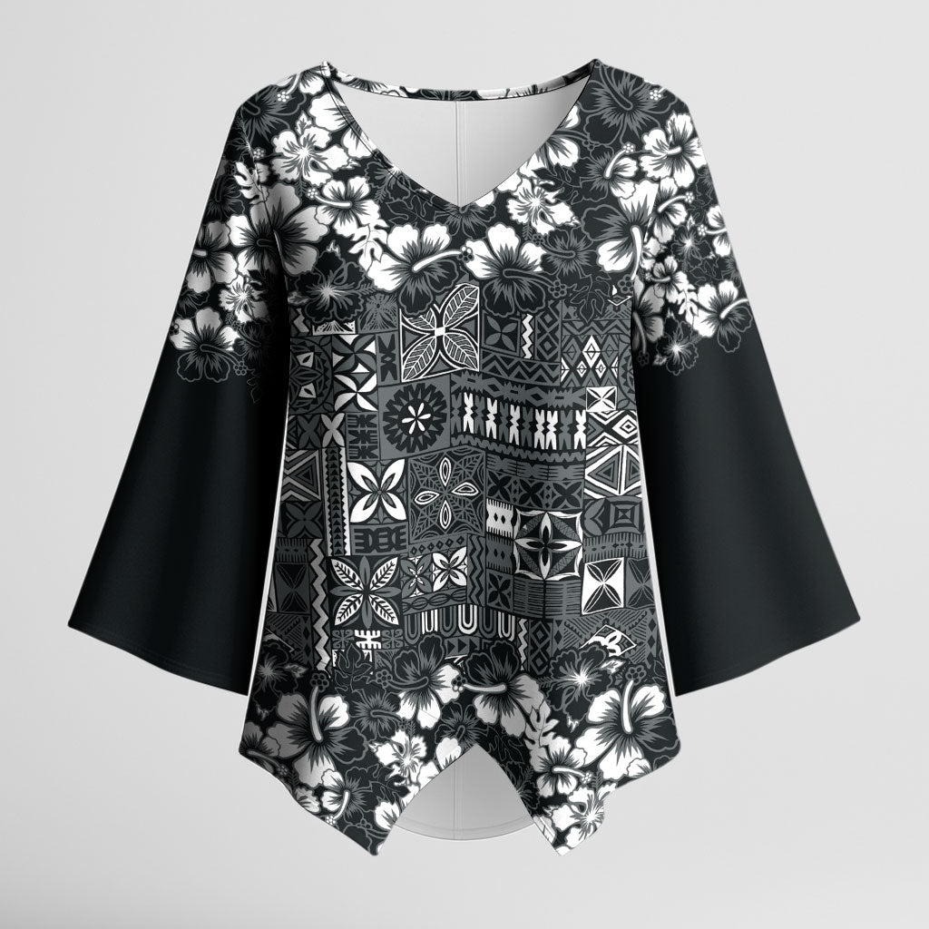 Black Hawaiian Tapa Tribal Hibiscus Kimono Sleeve Blouse