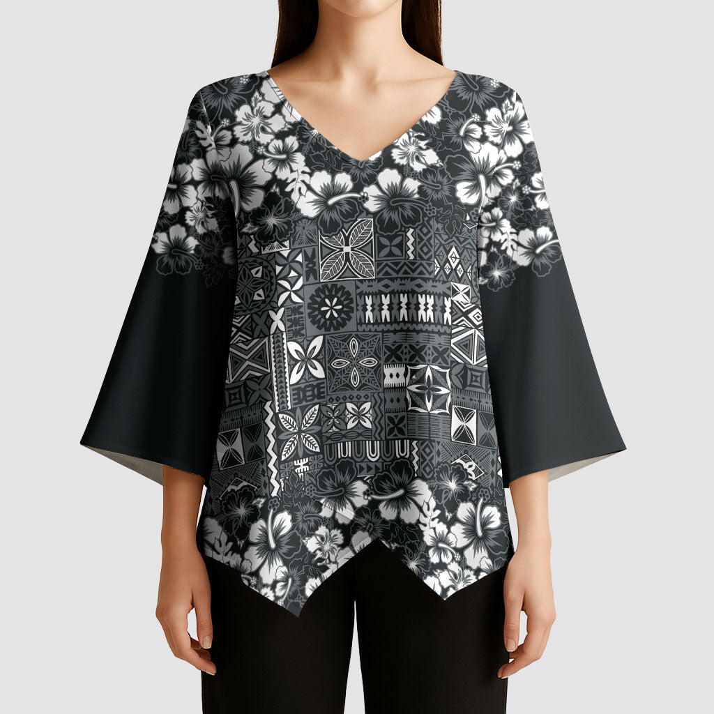 Black Hawaiian Tapa Tribal Hibiscus Kimono Sleeve Blouse