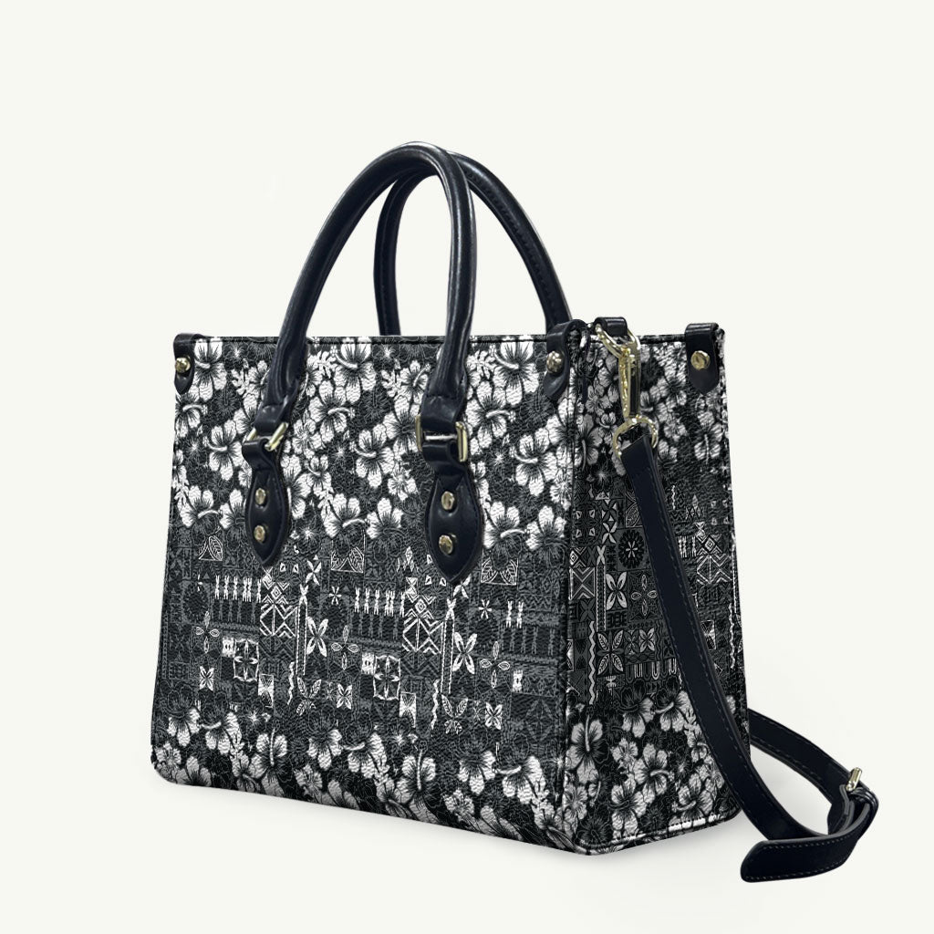 Black Hawaiian Tapa Tribal Hibiscus Leather Bag