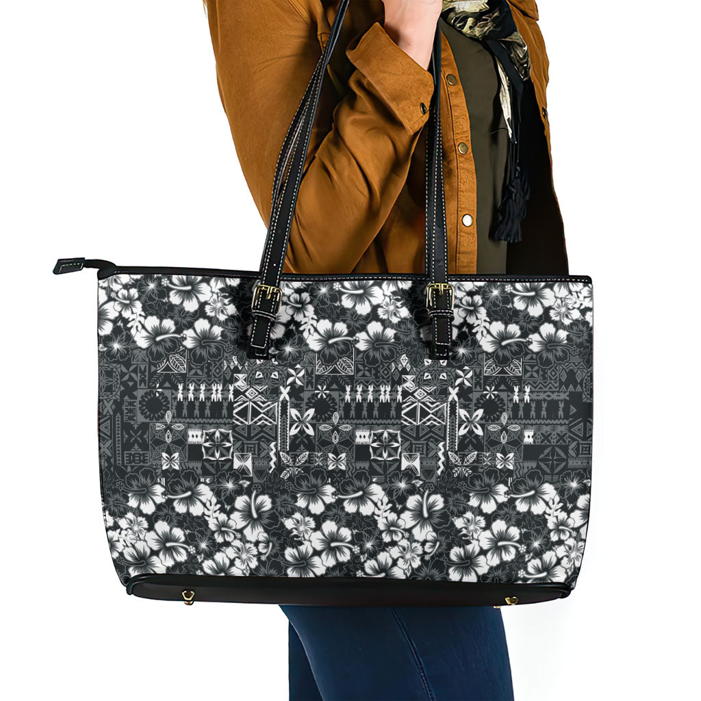 Black Hawaiian Tapa Tribal Hibiscus Leather Tote Bag