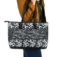 Black Hawaiian Tapa Tribal Hibiscus Leather Tote Bag