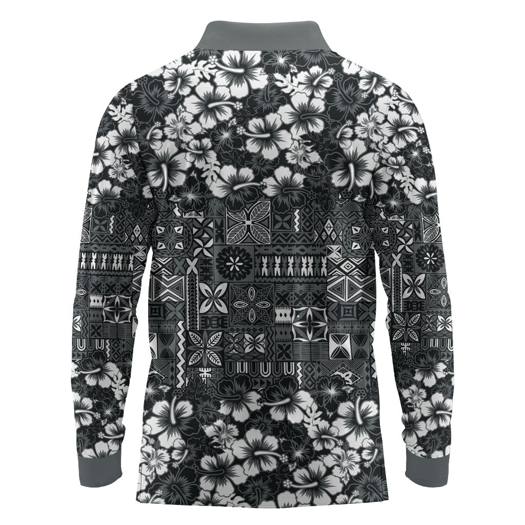Black Hawaiian Tapa Tribal Hibiscus Long Sleeve Polo Shirt