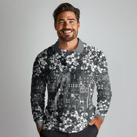 Black Hawaiian Tapa Tribal Hibiscus Long Sleeve Polo Shirt