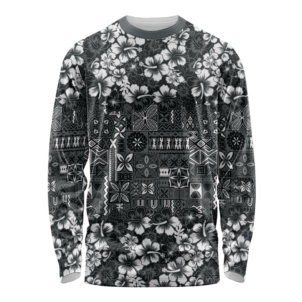 Black Hawaiian Tapa Tribal Hibiscus Long Sleeve Shirt