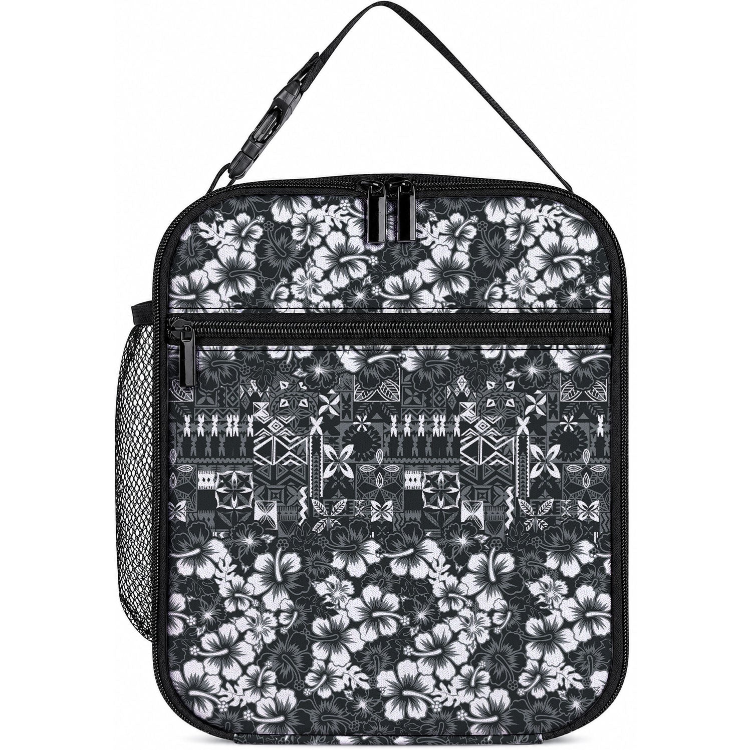 Black Hawaiian Tapa Tribal Hibiscus Lunch Bag LT9 10.2 × 8.3 × 4.3 inch Black - Polynesian Pride