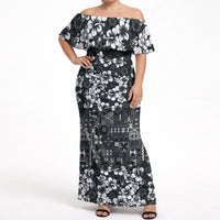 Black Hawaiian Tapa Tribal Hibiscus Off Shoulder Maxi Dress