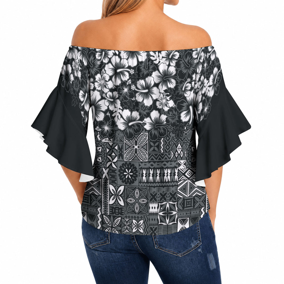 Black Hawaiian Tapa Tribal Hibiscus Off Shoulder Wrap Waist Top LT9 - Polynesian Pride